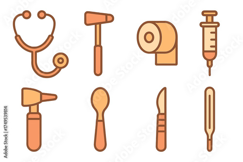 Set of essential medical examination tools and healthcare supplies icons in outline style