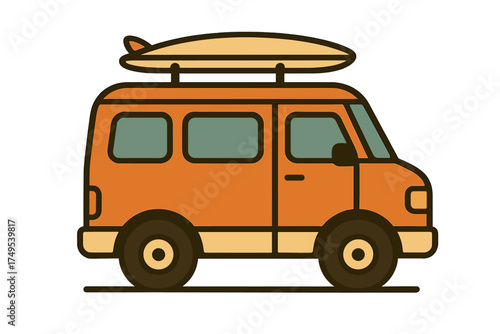 Orange retro camper van with surfboard on roof rack ready for summer beach trip