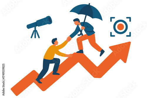 Business professionals collaborating and assisting each other to climb a difficult upward success path
