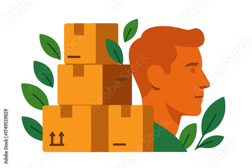 Man profile with stacked cardboard boxes and green leaves for sustainable shipping