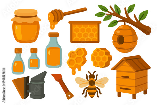 Collection of beekeeping tools and honey production elements
