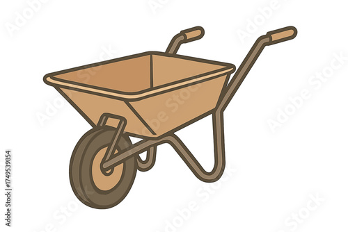 Classic single-wheel wheelbarrow with brown tray and sturdy frame for hauling materials
