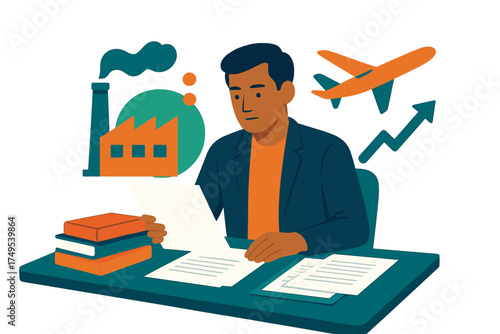 Focused professional reviewing paperwork with icons for industry and global travel
