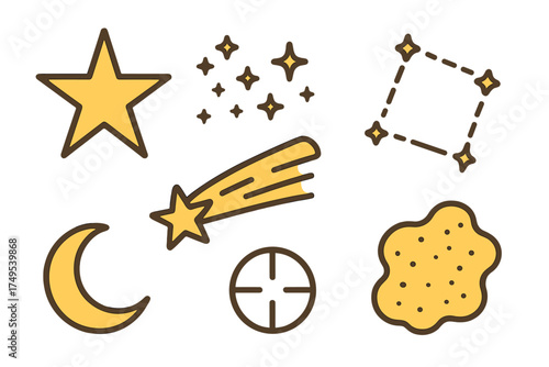 Collection of yellow celestial body icons including stars, moon, and comet