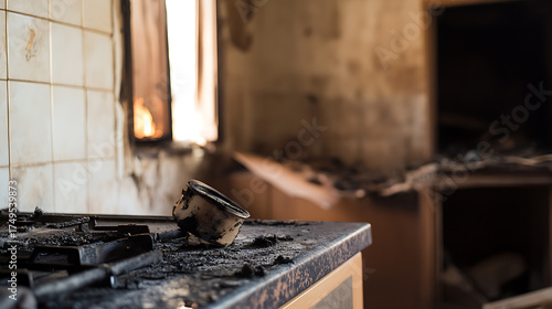 Fire Damage Kitchen: Charred remains of a kitchen after a fire, depicting destruction and loss. The space is filled with soot and debris.