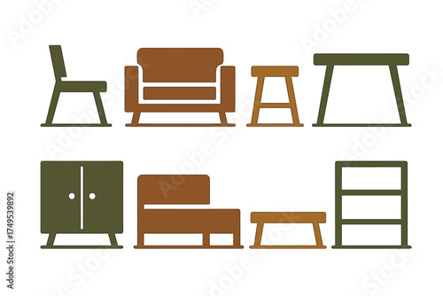 Modern minimalist furniture icons in brown and green color palette