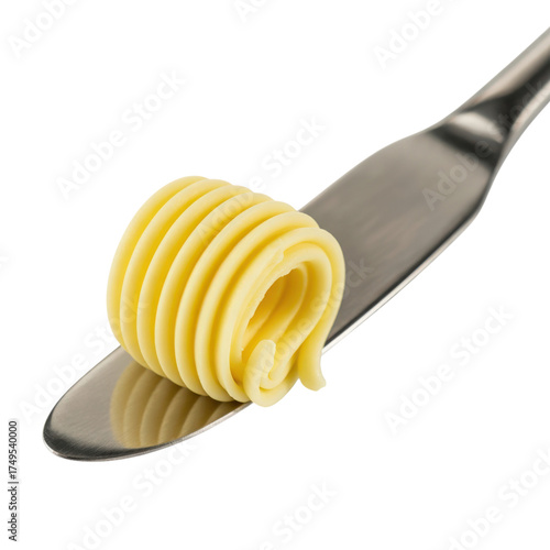 Butter curl on knife isolated on a transparent background