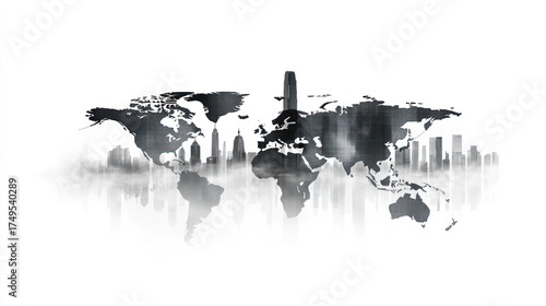Global city skyline, world map background, urban development, futuristic concept, website banner