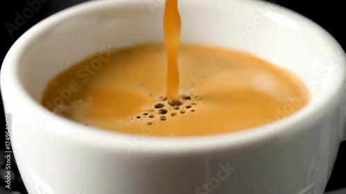 Coffee Stream Flowing into a White Mug of Espresso with Tiny Bubbles, Close Up View of Creamy Coffee Being Poured Into a Cup