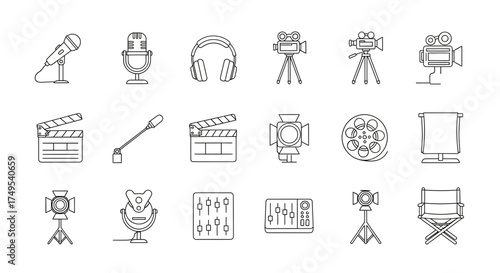 Film production equipment vector icons set movie making tools