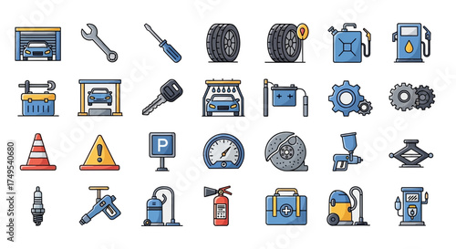 Car repair service auto mechanic shop tools and equipment icons