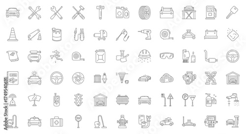 Car repair service auto mechanic tools and equipment line icons