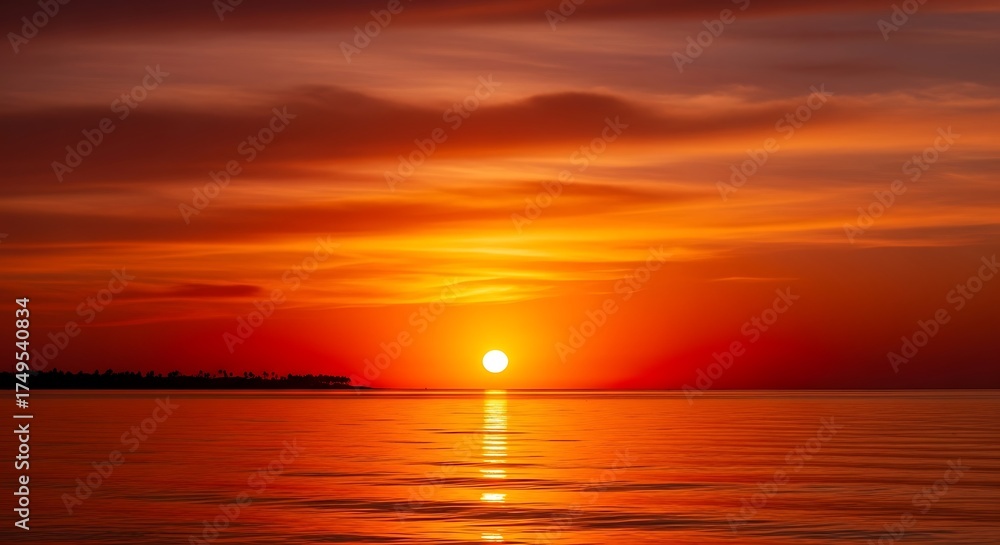 Obraz premium Dramatic Orange Sunset Over Tranquil Sea Horizon Sun Rays Warm Sky Serenity