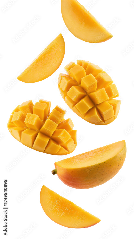 Fototapeta premium Fresh Mango Slices and Cubes isolated on a transparent background