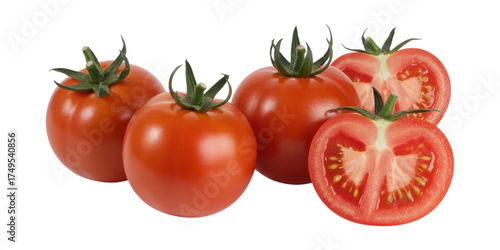 Fresh Ripe Tomatoes and Sliced Halves isolated on a transparent background