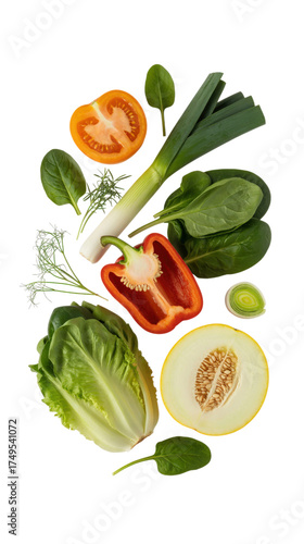 Fresh vegetables and melon slices isolated on a transparent background