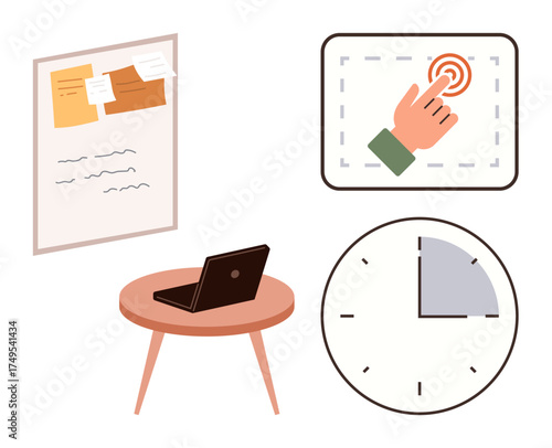 Task board with sticky notes, laptop on a round desk, a hand tapping touchscreen element, clock with shaded section. Ideal for productivity, scheduling, teamwork, planning, multitasking workflow