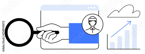 Magnifying glass over browser window with user profile, hand interaction, chart with growth arrow, and cloud. Ideal for business, analytics, data management, user experience, growth strategies