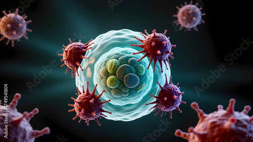 Immune system: Virus attack on a cell. Virus-lymphocyte interaction.