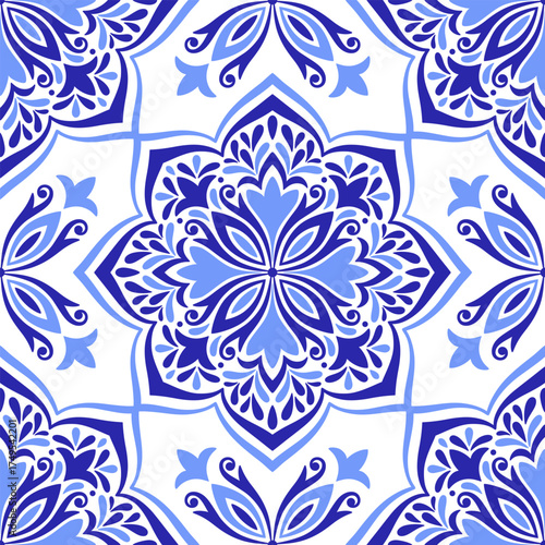 Mediterranean blue seamless pattern on white background. Azulejo tile.Traditional Portuguese, Moroccan, Sicilian, or Spanish motifs. Geometric mosaic, floral ornament. Vector illustration