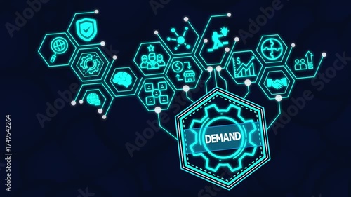 DEMAND Concept Illustration Depicting Market Needs, Consumer Behavior, Business Strategy, Supply Chain Planning, and Revenue Growth Driving Competitive Advantage and Success.