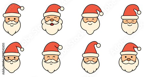 Colored Santa Claus faces. Santa Claus icons isolated on white background. Vector illustration.