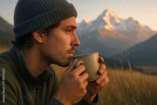 Close-up of a digital nomad sipping tea from a ceramic mug with soft morning light.