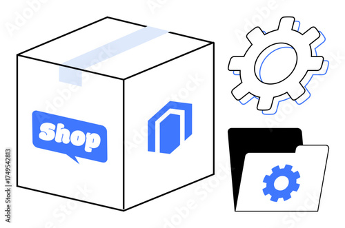 E-commerce package, gear, and folder illustrating online retail process, setup, and customization. Ideal for business, logistics, commerce management digital tools operations retail. Simple flat
