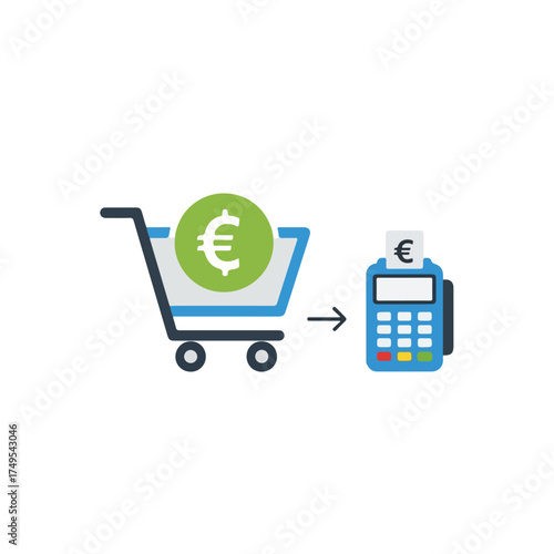 Checkout retail concept with euro coin in shopping cart and POS terminal, conveying ease of payment. Checkout retail purchase and fast checkout retail process symbolizes seamless transactions.