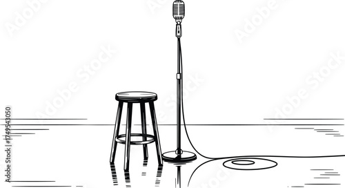 Stand Up Comedy Stage Vector Illustration, Microphone and Stool Design.