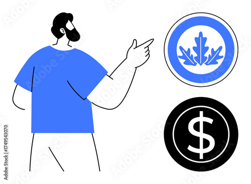 Man in a blue shirt pointing at tree leaf and dollar coin symbols. Ideal for business, sustainability, investment, eco-friendly initiatives, finance, decision-making, growth concepts. Simple flat