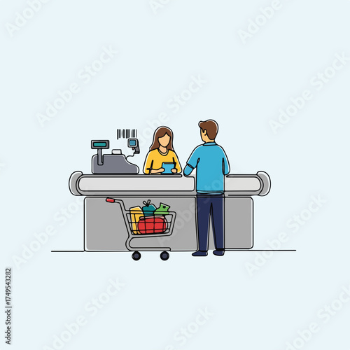 Checkout retail with cashier serving customer near shopping cart, at grocery store. Checkout retail involves customer standing at counter with basket full of products ready to purchase,