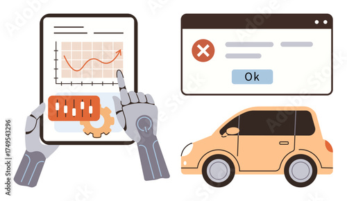 Robotic hand pointing at tablet with data, error message window, and autonomous car. Ideal for AI, robotics, autonomous systems, technology, data innovation automation. Simple flat metaphor