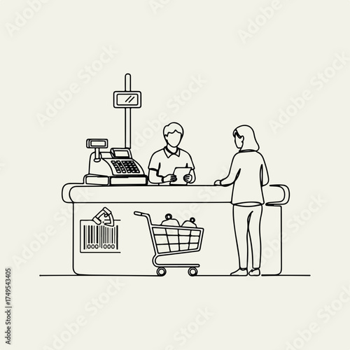 Checkout retail transaction with client standing at cashier desk in minimalist outline style. Checkout retail space shows customer with shopping cart at store counter during purchase.