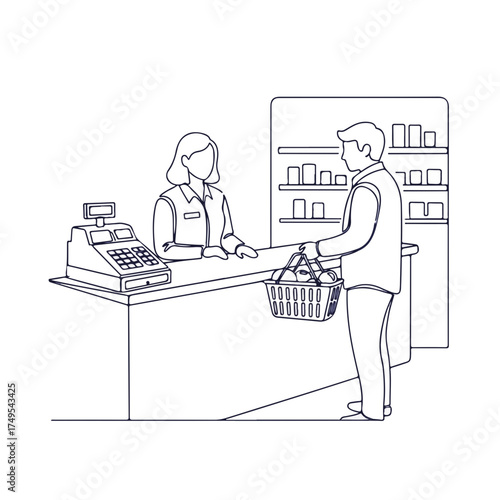 Checkout retail line art with customer and cashier at counter. Checkout retail process includes paying for groceries or other goods at store.