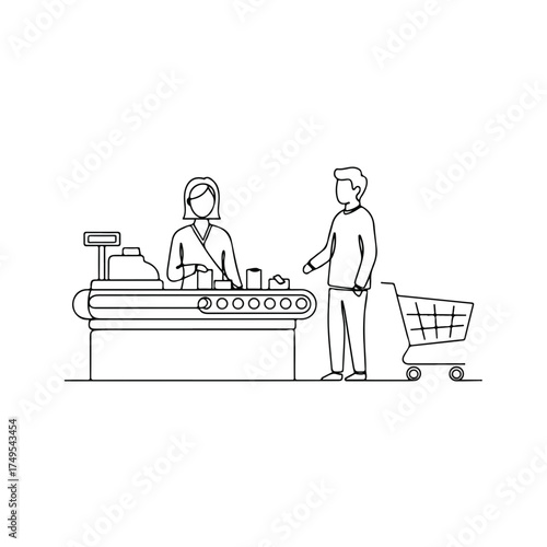 Outline illustration showing checkout retail experience with cashier and customer at till point. Checkout retail illustration showing customer with shopping cart paying at checkout retail counter.