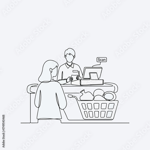 Checkout retail scene showing continuous line drawing of customer with grocery basket and cashier scanning items. Checkout retail process with simplified design emphasizes efficiency.