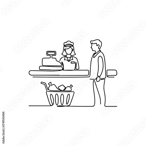 Minimalist checkout retail design featuring buyer and cashier at store counter. This simple checkout retail scene showcases a transaction with customer and attendant.
