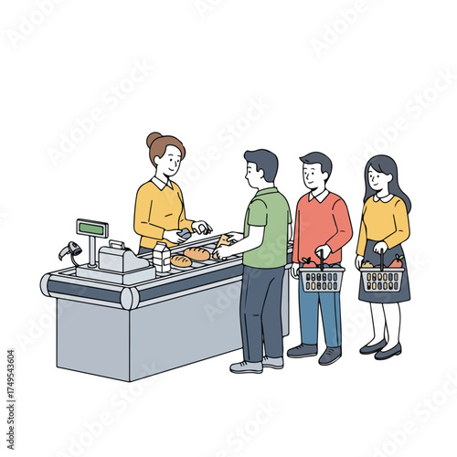 Checkout retail at store, customers line at cash register, buying grocery. Checkout retail is an important component in customer service and commercial success, with cashier scanning products,
