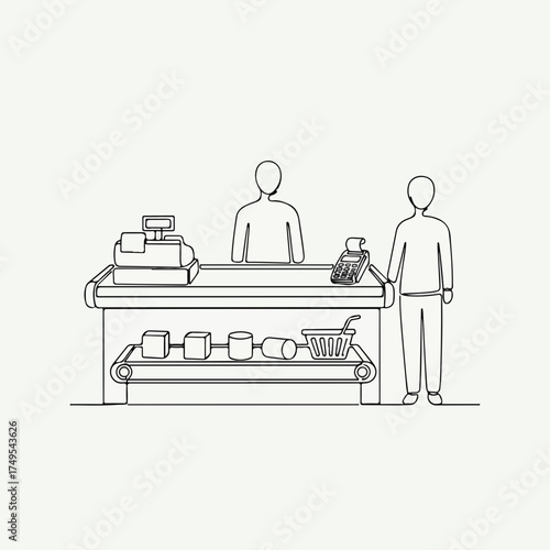 Checkout retail line illustration depicting a cashier assisting a customer at store. Checkout retail scene displays boxes and basket moving on conveyor belt, ready for payment at till.
