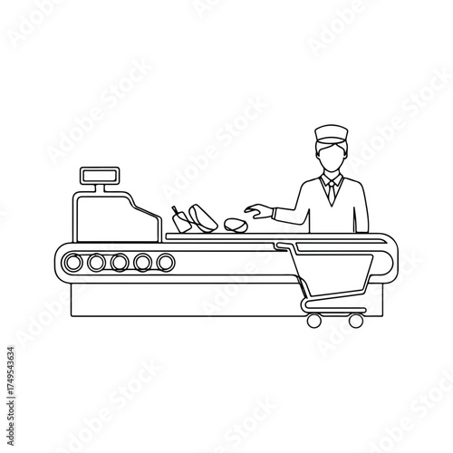 Line drawing checkout retail illustration in black and white shows cashier, groceries and conveyor belt, and shopping cart. Checkout retail area illustration of point of sale at store.