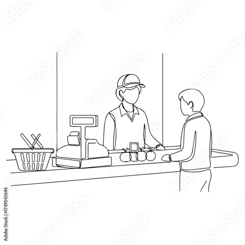 Checkout retail scene shows customer at cashier, paying for apples. Checkout retail includes cashier in hat, basket, and cash register.