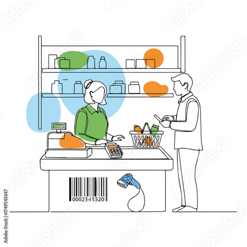 Checkout retail experience illustrated with cashier serving customer at counter. Checkout retail process includes scanning items from basket.