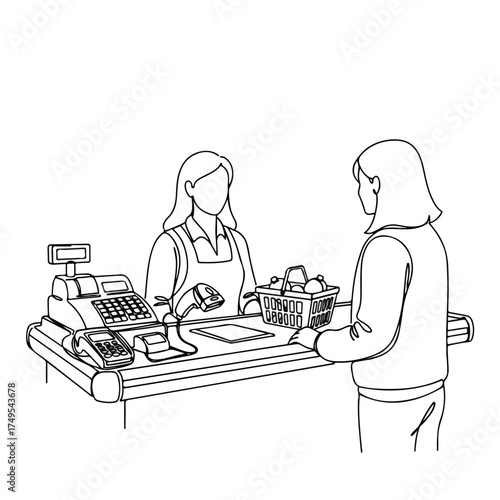 Checkout retail point illustration showing customer and cashier at register. Checkout retail process includes paying for groceries, scanning barcodes.