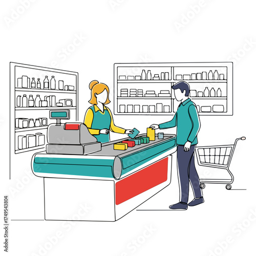 Checkout retail process at cashier with buyer paying for groceries, shopping cart. Checkout retail scene with products on conveyor belt and cash register to complete purchase.