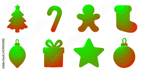whimsical christmas icons in green and brown gradient on transparent background