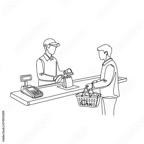 Checkout retail scene showing cashier packing groceries for customer at counter. Checkout retail involves paying for items, bagging, and handing over at end of shopping.