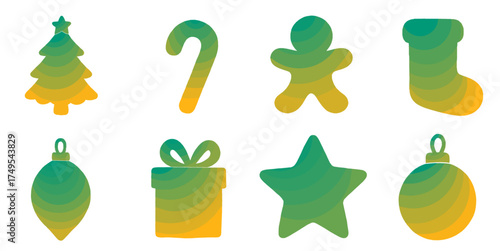 christmas silhouettes with gradient fill: a festive collection of tree, candy cane, gingerbread man, stocking, ornament, gift, and star