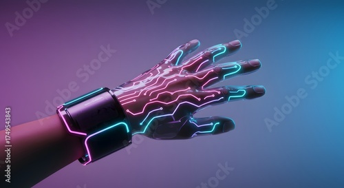 A futuristic cybernetic glove with glowing circuit patterns on a hand against a gradient background.