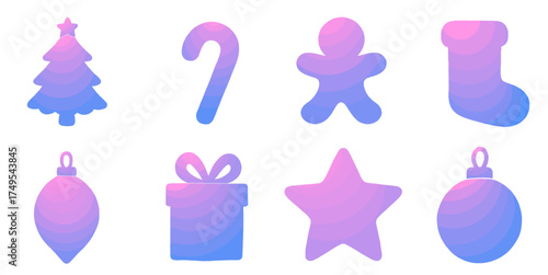 gradient christmas icons set featuring tree, candy cane, gingerbread man, stocking, ornament, gift box, and star
